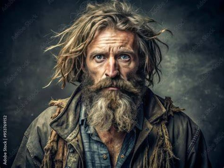 A man with a scraggly beard looks up and towards the right in a dark room.