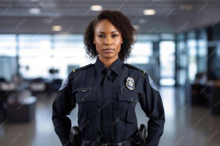 A woman in a police officer's outfit sits in a fancy leather chair in front of a bookcase full of old books.