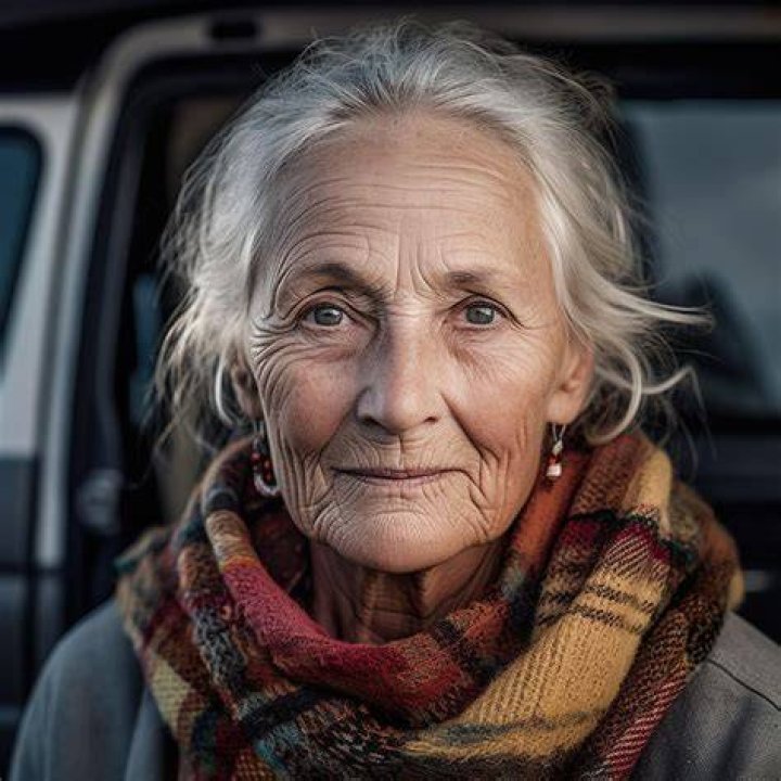 An elderly woman in a police uniform.