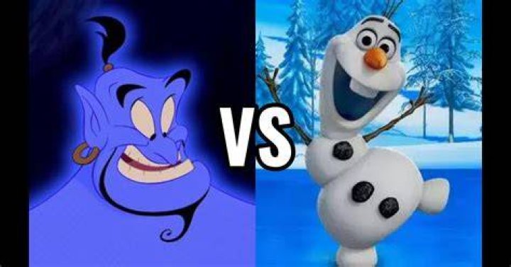 Genie greets Olaf from Frozen in a Disney animation studio.
