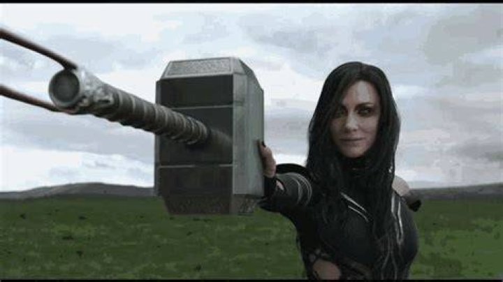 Hela catches Mjolnir one-handed atop a Norwegian cliff-face in Thor: Ragnarok.