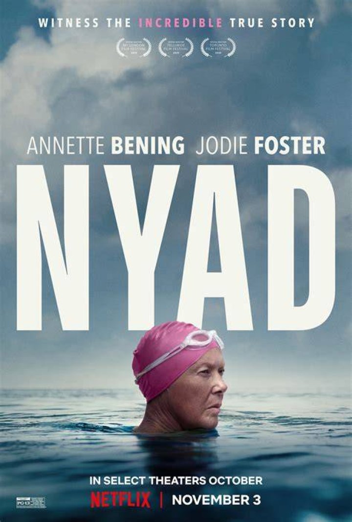 NYAD. (L-R) Annette Bening as Diana Nyad, Rhys Ifans as John Bartlett and Jodie Foster as Bonnie Stoll in NYAD. 