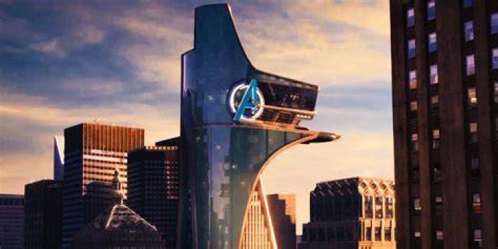 The Avengers Tower with a giant Christmas hat above the A attached to the side of the building in What If...? season 2.